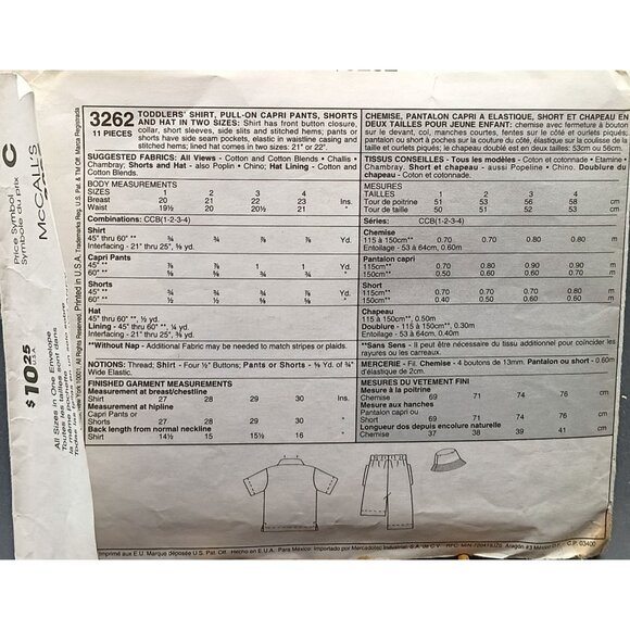 Vintage McCalls 3262 Toddlers Shirt Pants Shorts & Hat Pattern 2001 - Picture 2 of 2